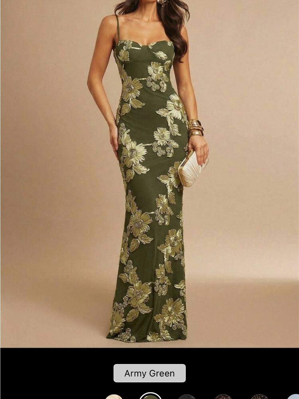 Army Green Floral Spaghetti Strap Evening Dress